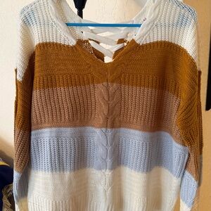 Striped Knit Sweater - Brown, Blue, and White